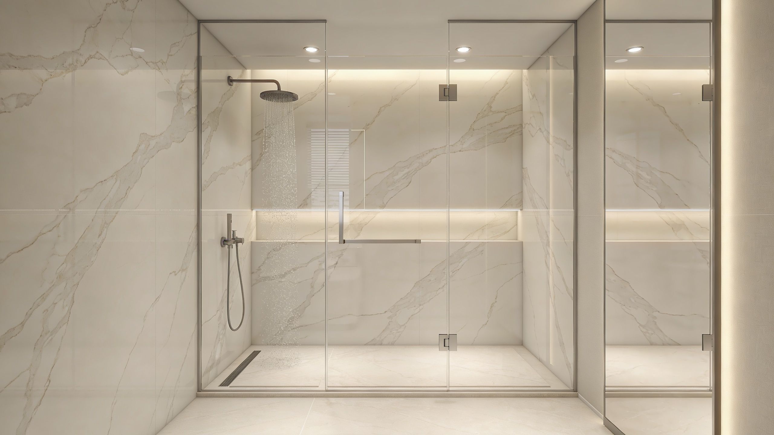 A luxurious modern walk-in shower with frameless glass doors and marble-patterned tile walls and flooring.