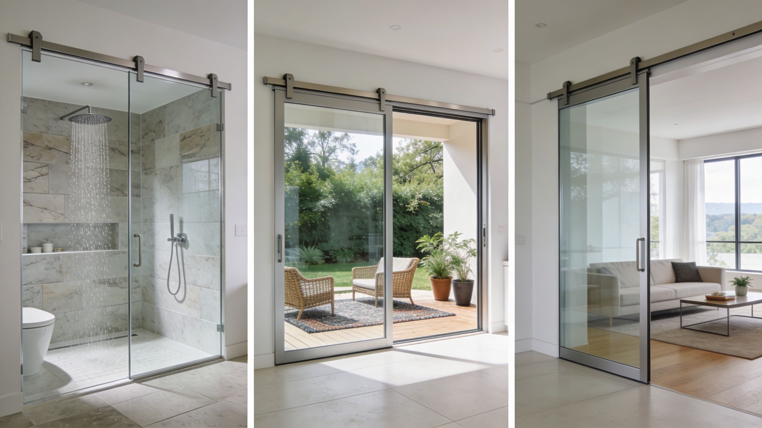 A collage showing three different interior settings featuring elegant modern frameless sliding glass door systems.