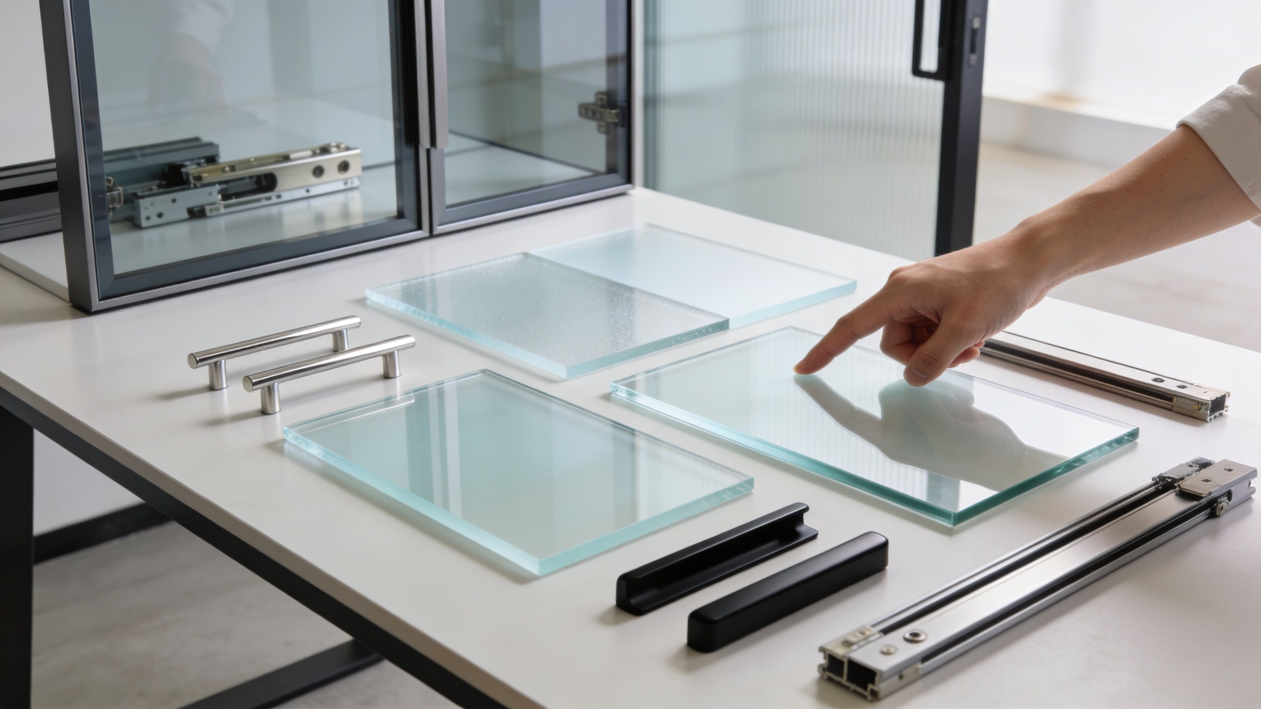 A professional hand touching a glass panel sample on a desk with furniture hardware and door components.