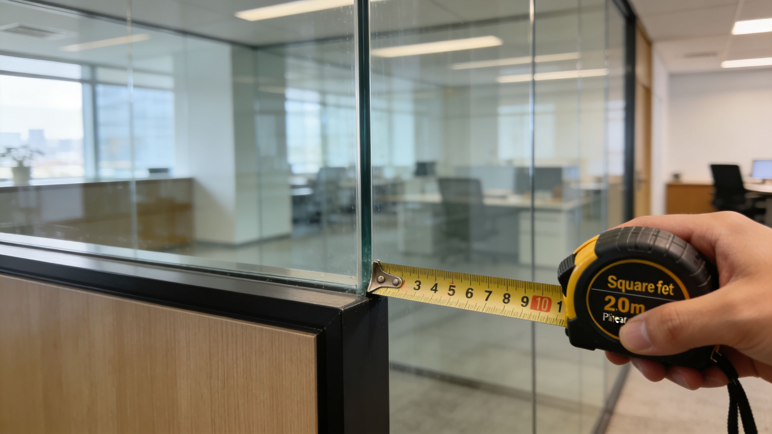 A close-up view of a person using a tape measure to determine the thickness of a glass partition wall.