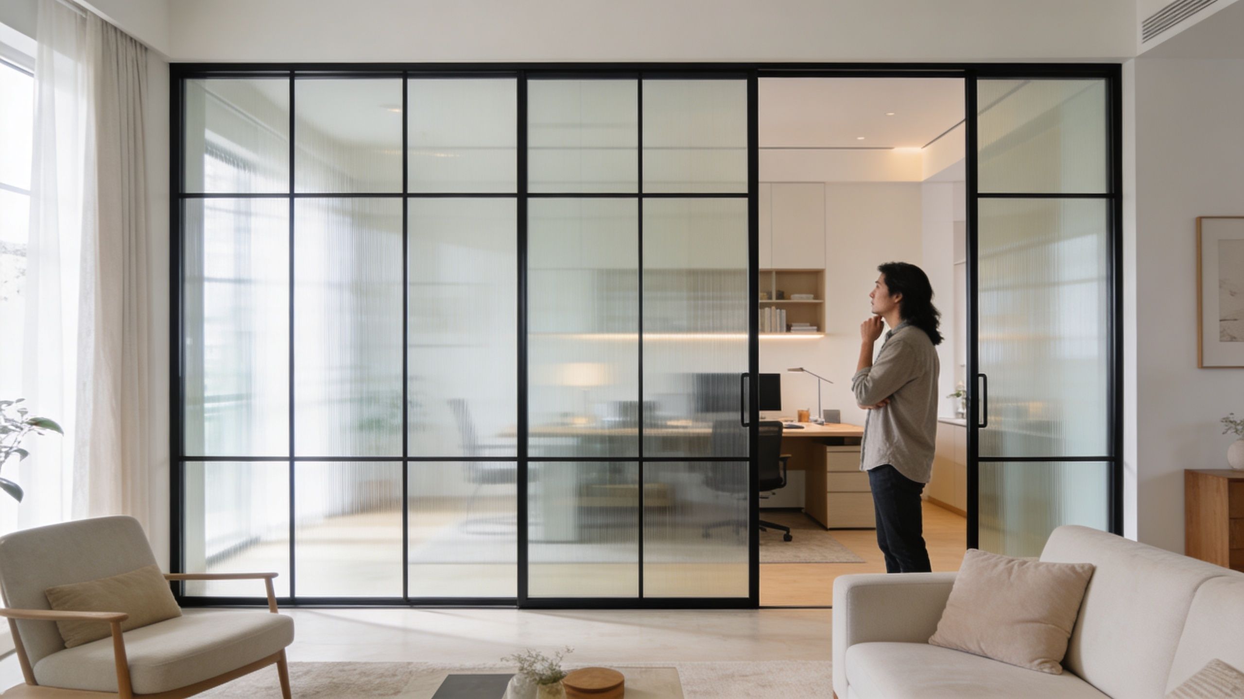 A man stands thoughtfully in front of a modern glass office partition wall in a bright home.
