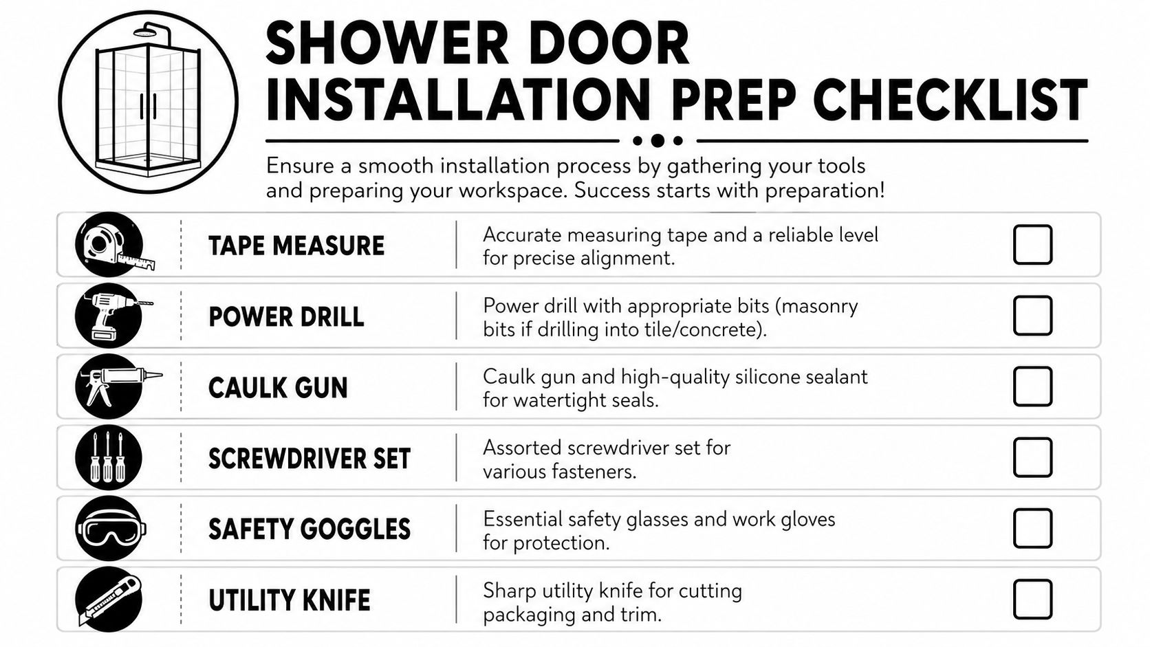A checklist for installing shower doors listing essential tools like a tape measure, drill, and safety gear.