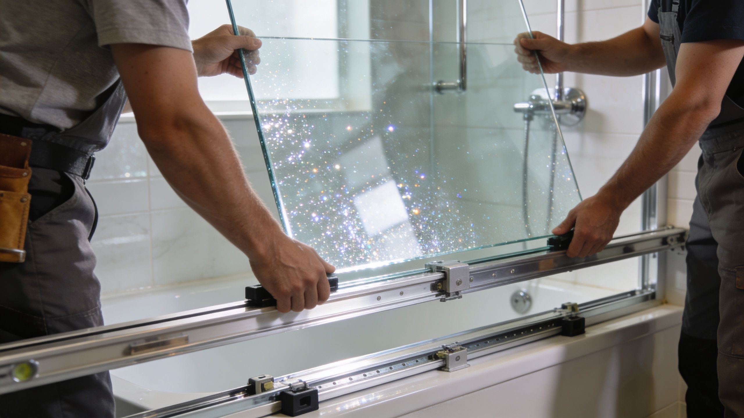 Two professional contractors installing a sliding glass shower door panel onto a bathroom bathtub track.