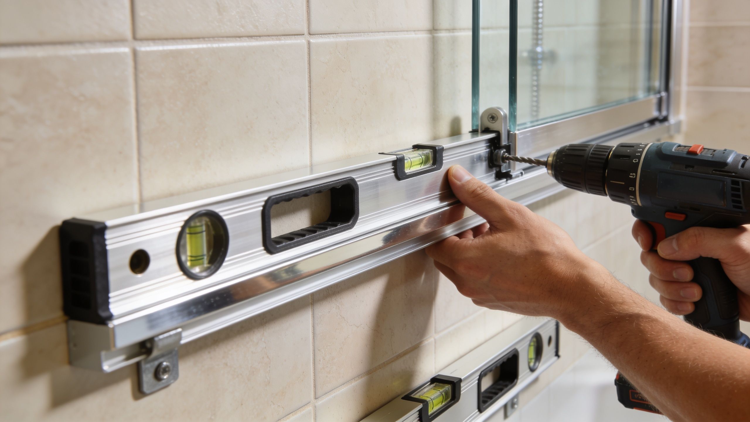 A professional using a spirit level and power drill to install sliding shower doors on tiled walls.
