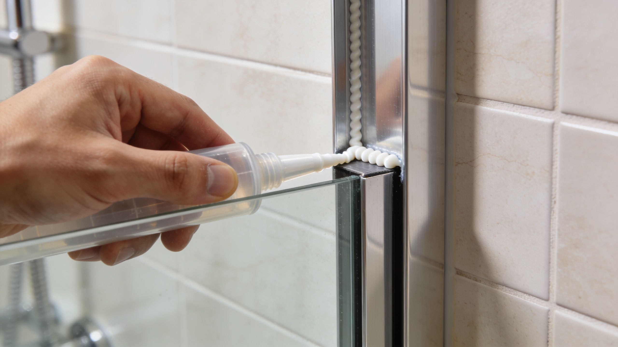 A hand using a silicone sealant gun to apply waterproof sealant to a glass shower door frame.