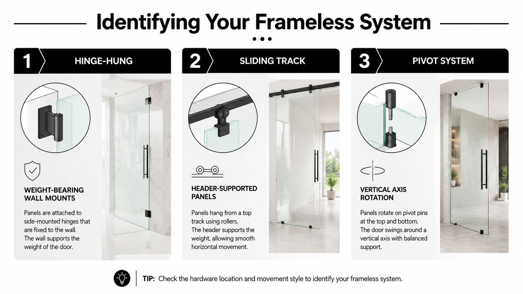 An infographic showing three types of frameless glass doors: hinge-hung, sliding track, and pivot systems.