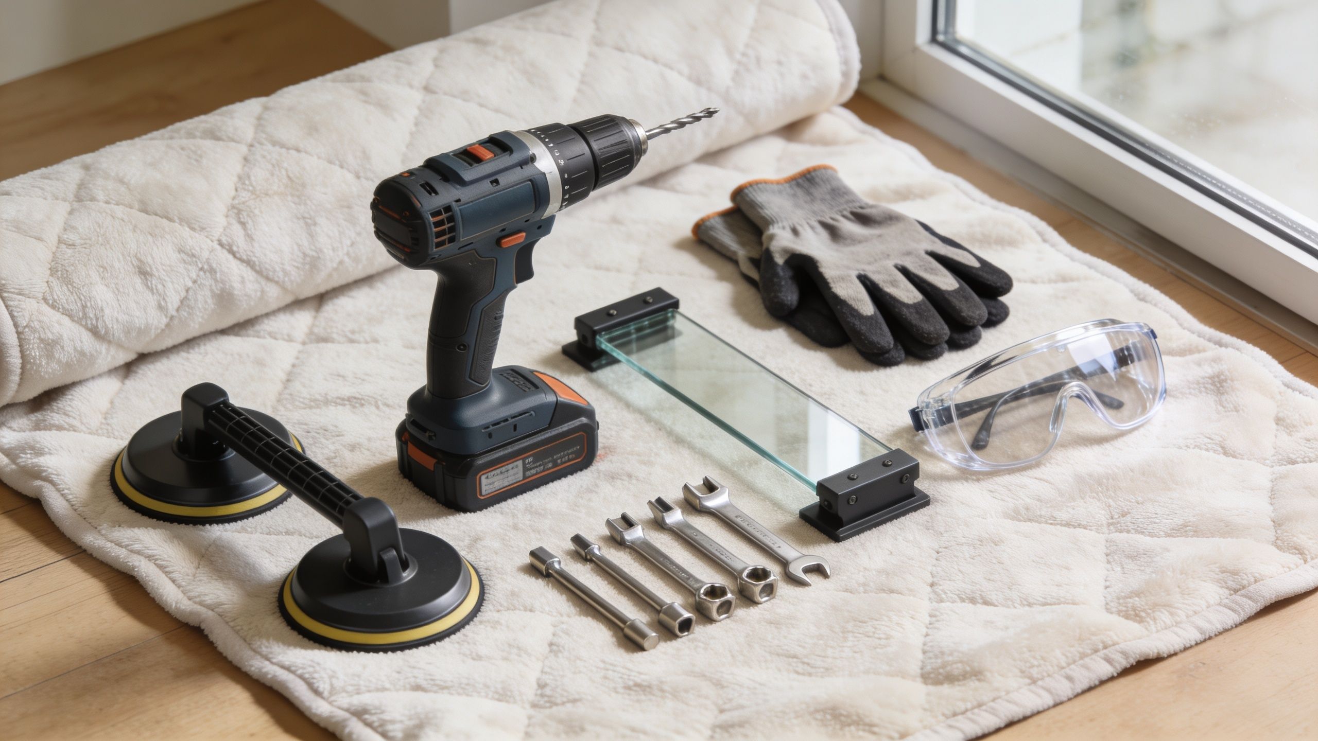 Professional tools for installing or removing frameless glass shower doors arranged on a soft white mat.