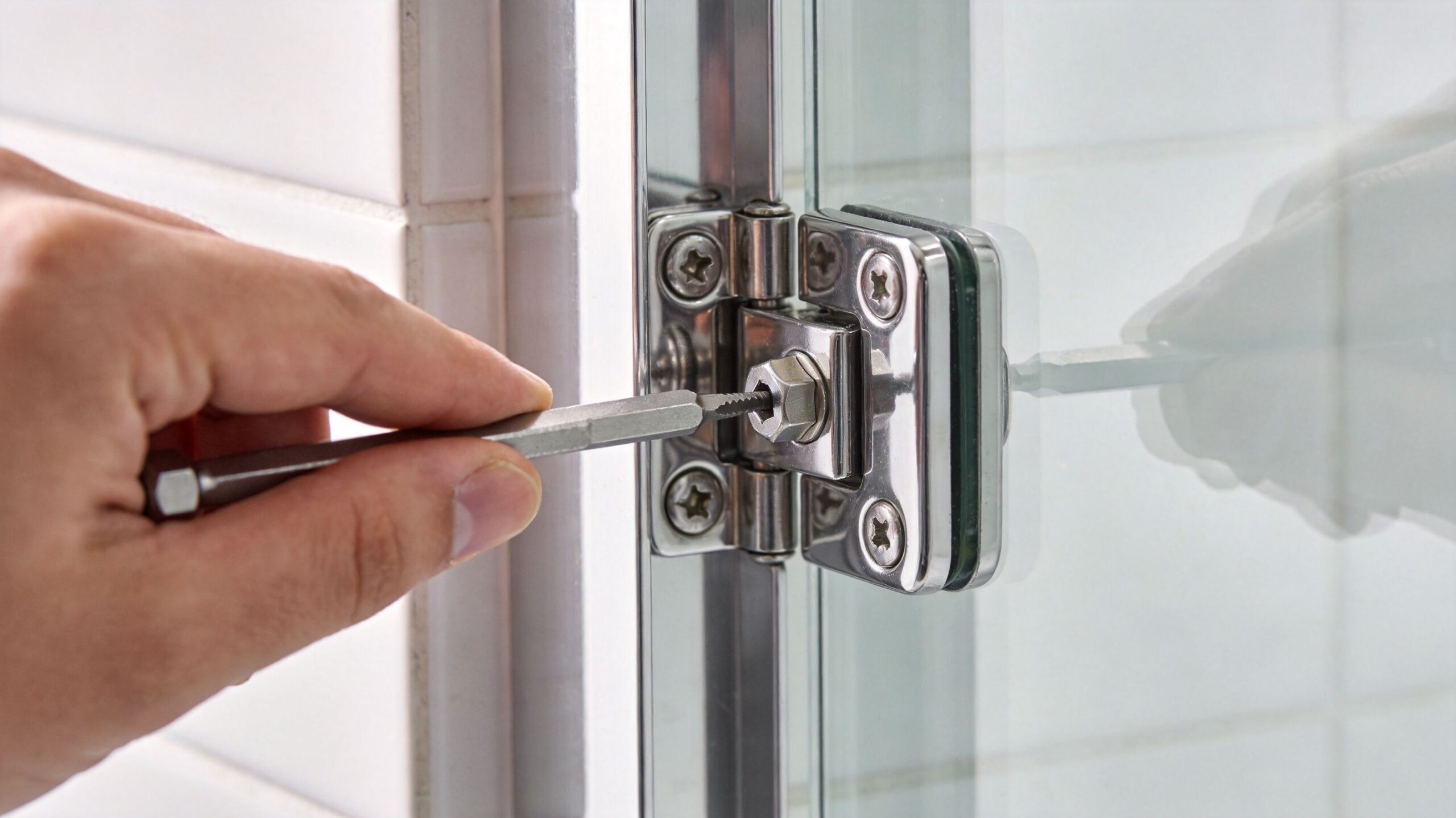 A close-up view of a person using a tool to adjust a frameless glass shower door hinge.