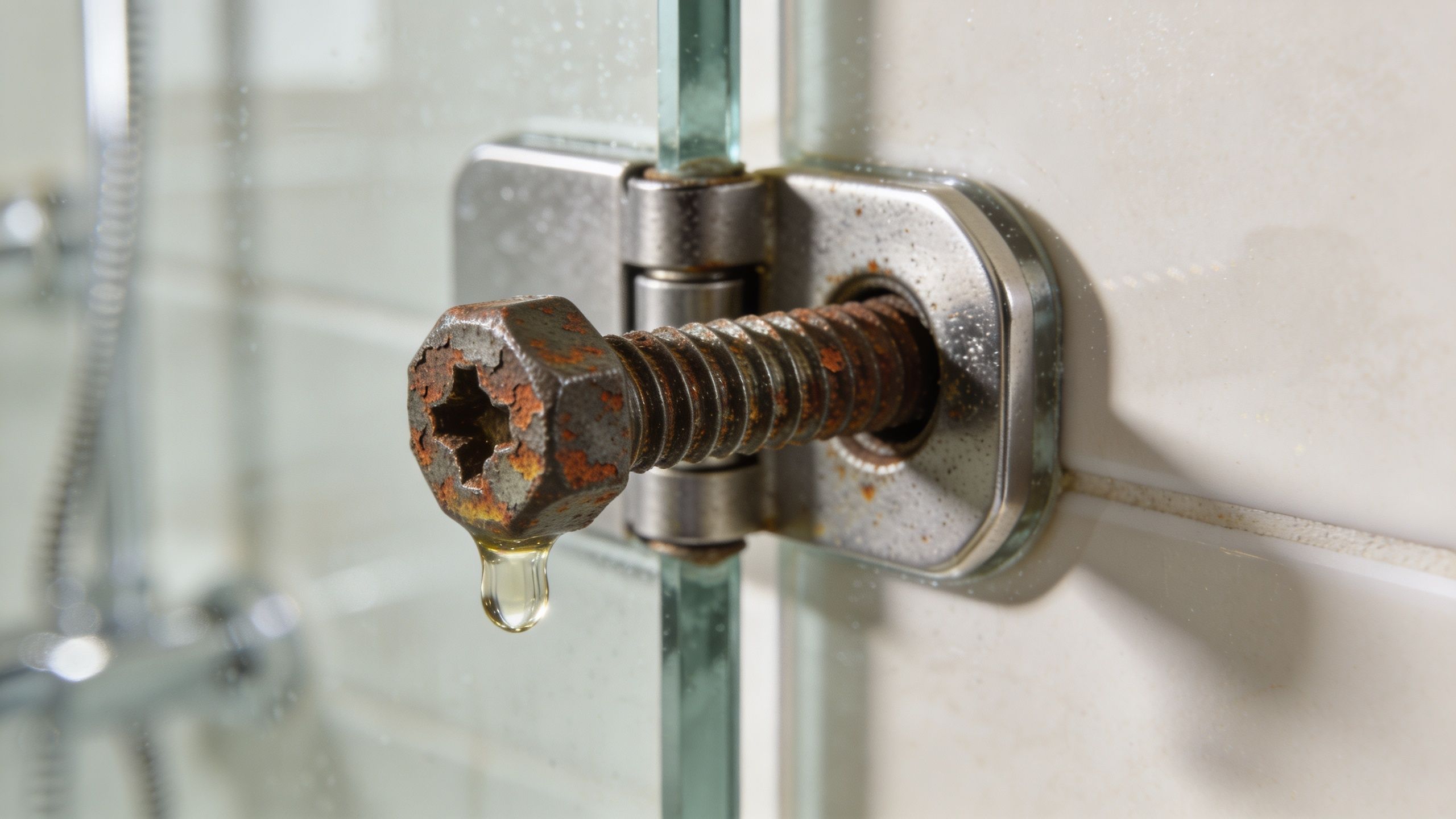 A close-up view of a rusty screw dripping water on a glass shower door hinge component.