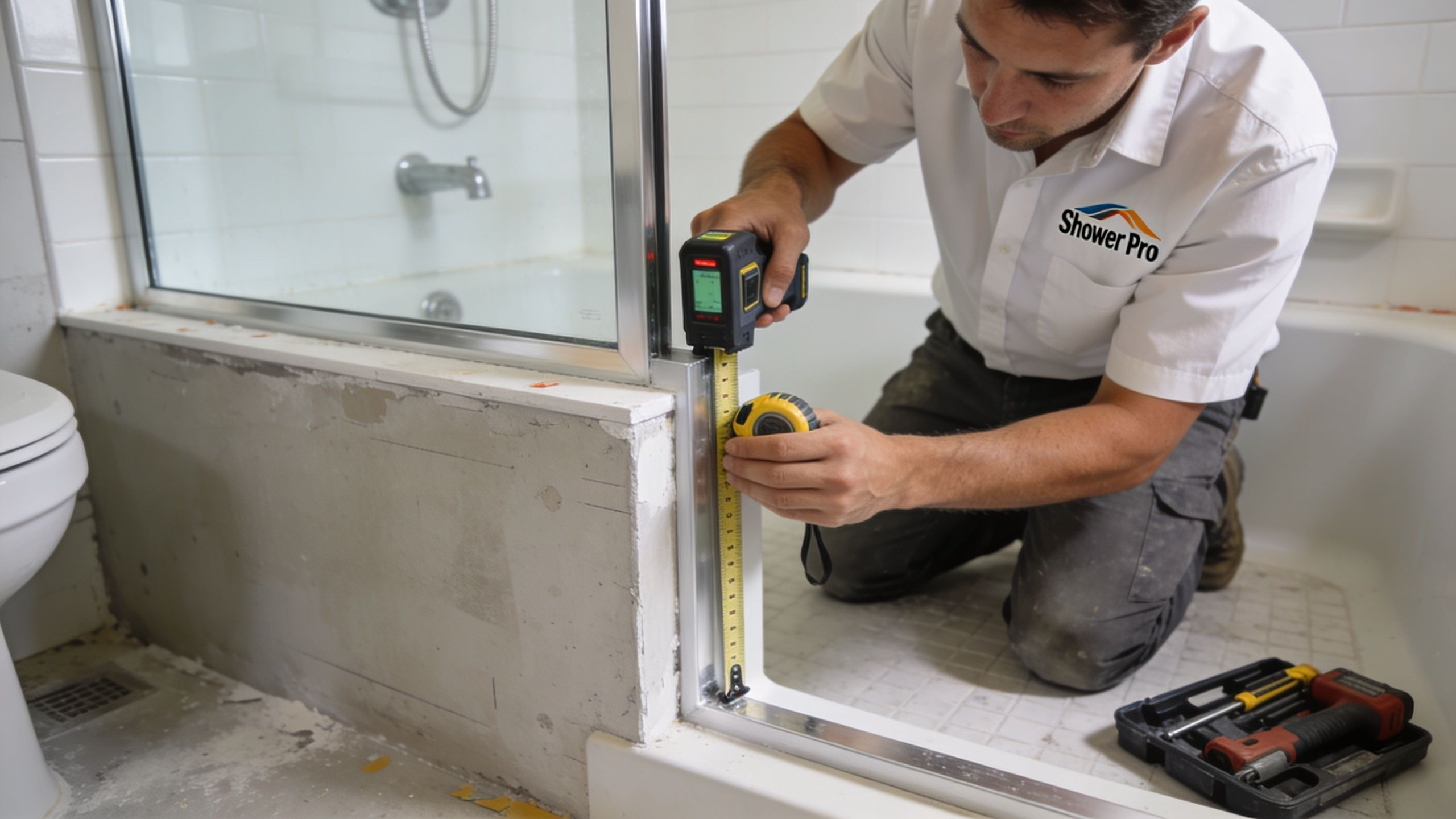 A professional technician from Shower Pro carefully measures a shower door frame with a laser and tape measure.