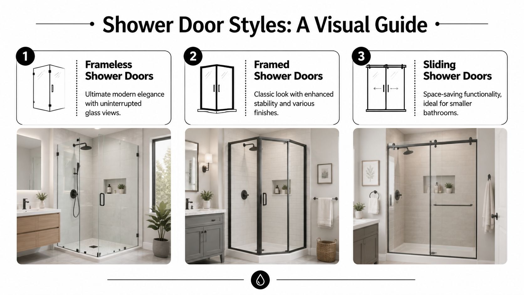 A visual guide comparing three different styles of residential shower doors: frameless, framed, and sliding designs.