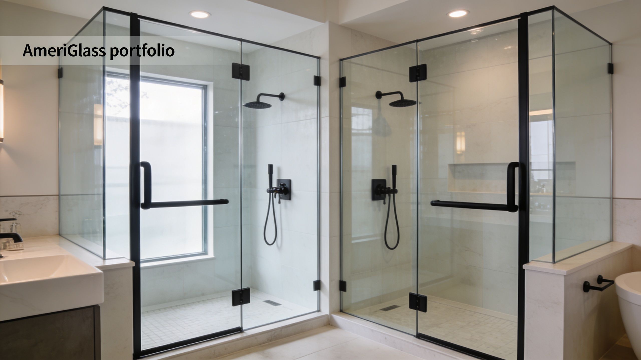 Two modern glass shower enclosures with black metal frames and fixtures in a bright bathroom.
