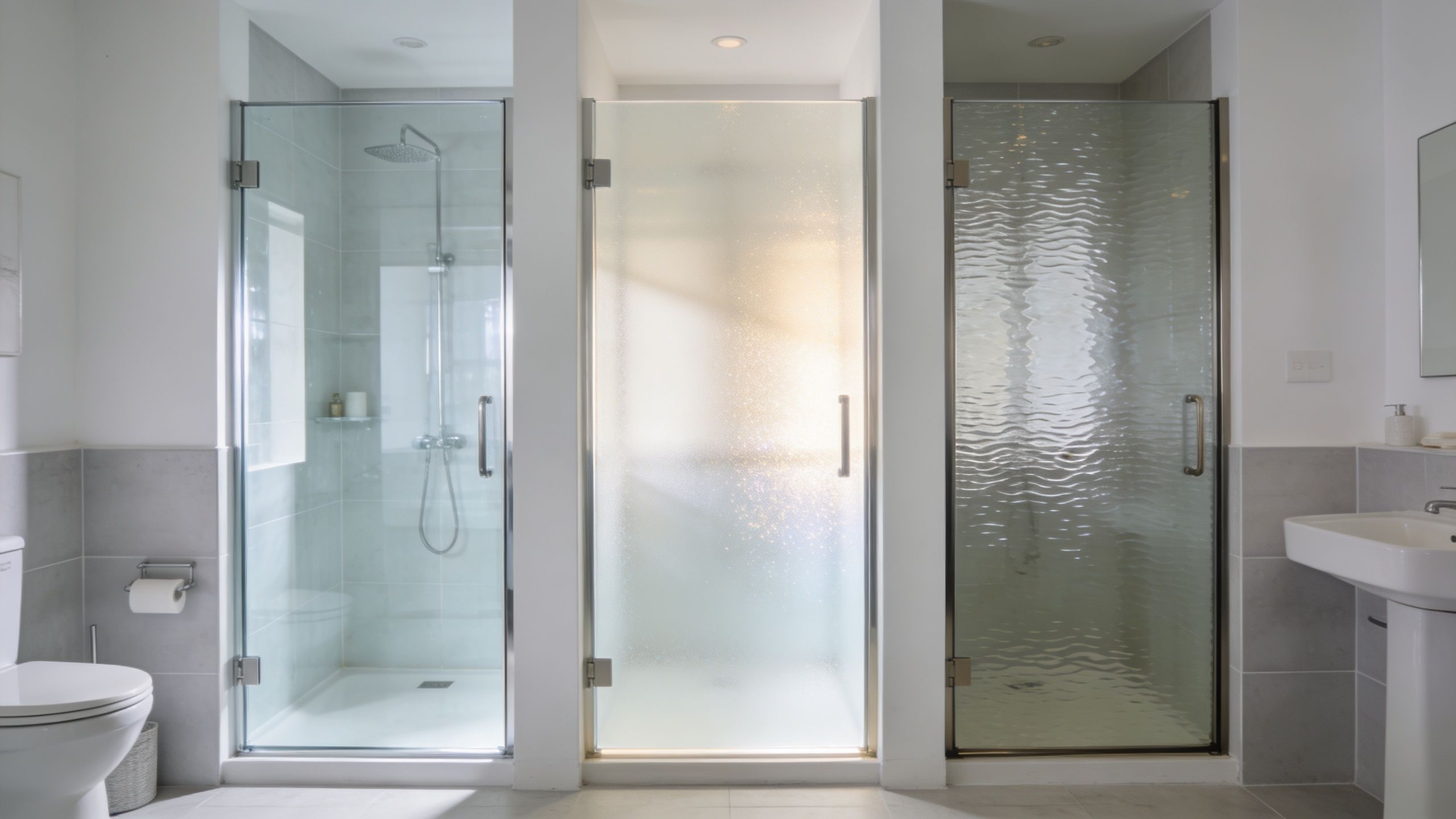 A modern bathroom featuring three separate shower cubicles with different glass styles next to a toilet.