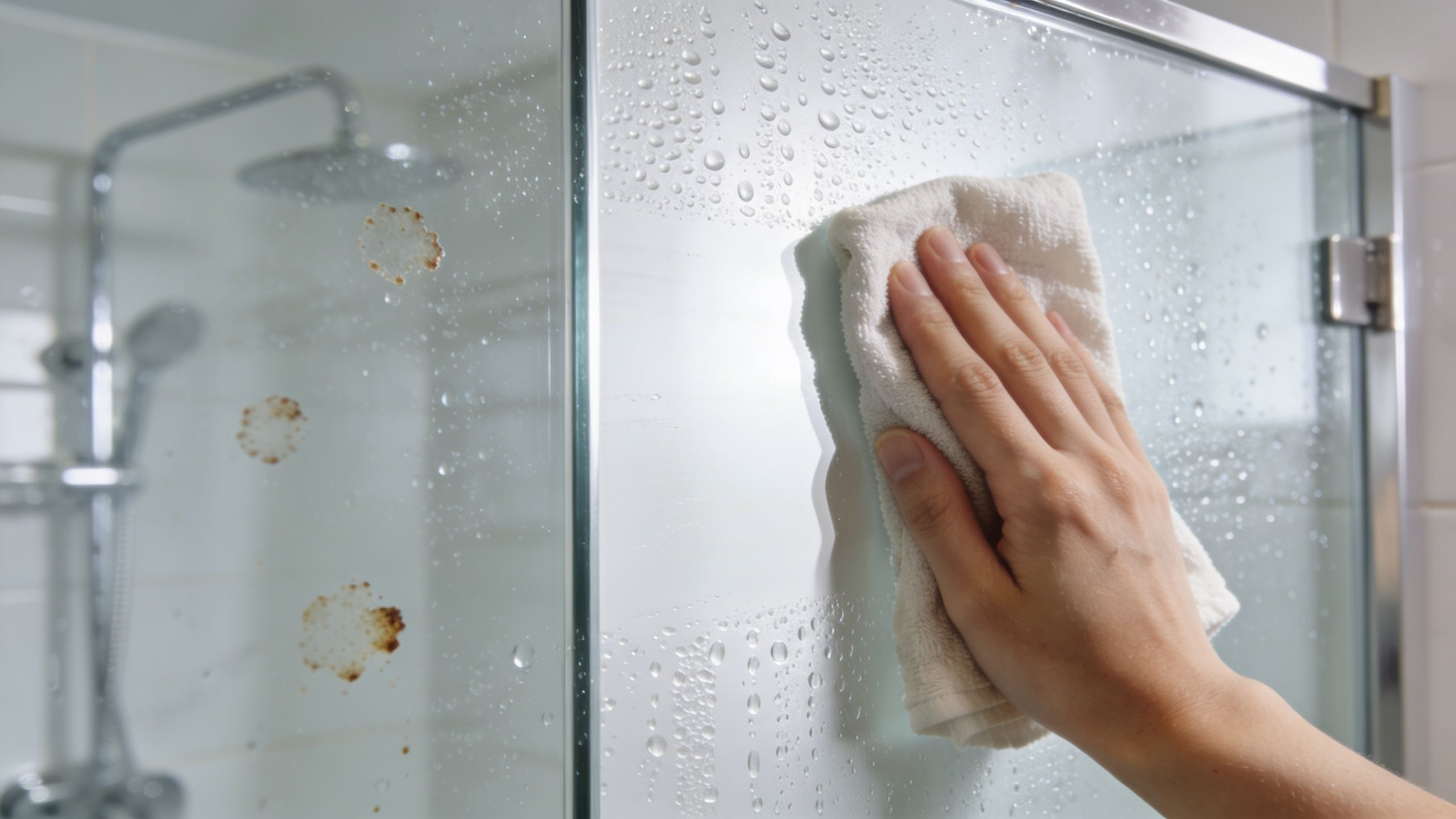 A hand using a white cleaning cloth to wipe away water droplets from a glass shower door.