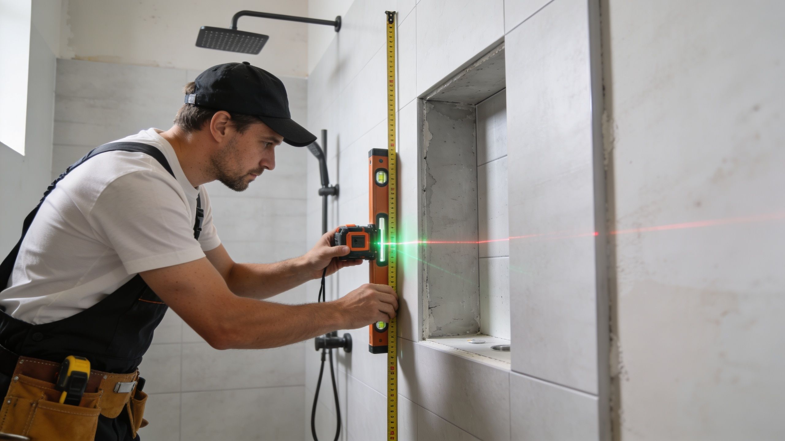 A professional construction worker uses a laser level and measuring tape to install a custom shower niche.