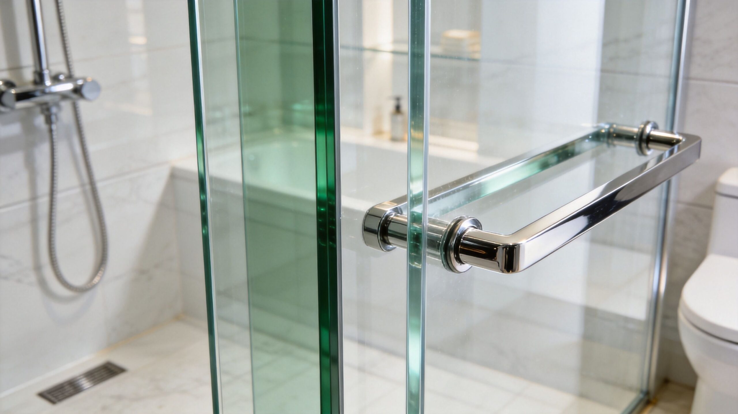 A close-up view of a modern glass shower door with a chrome handle in a marble bathroom.