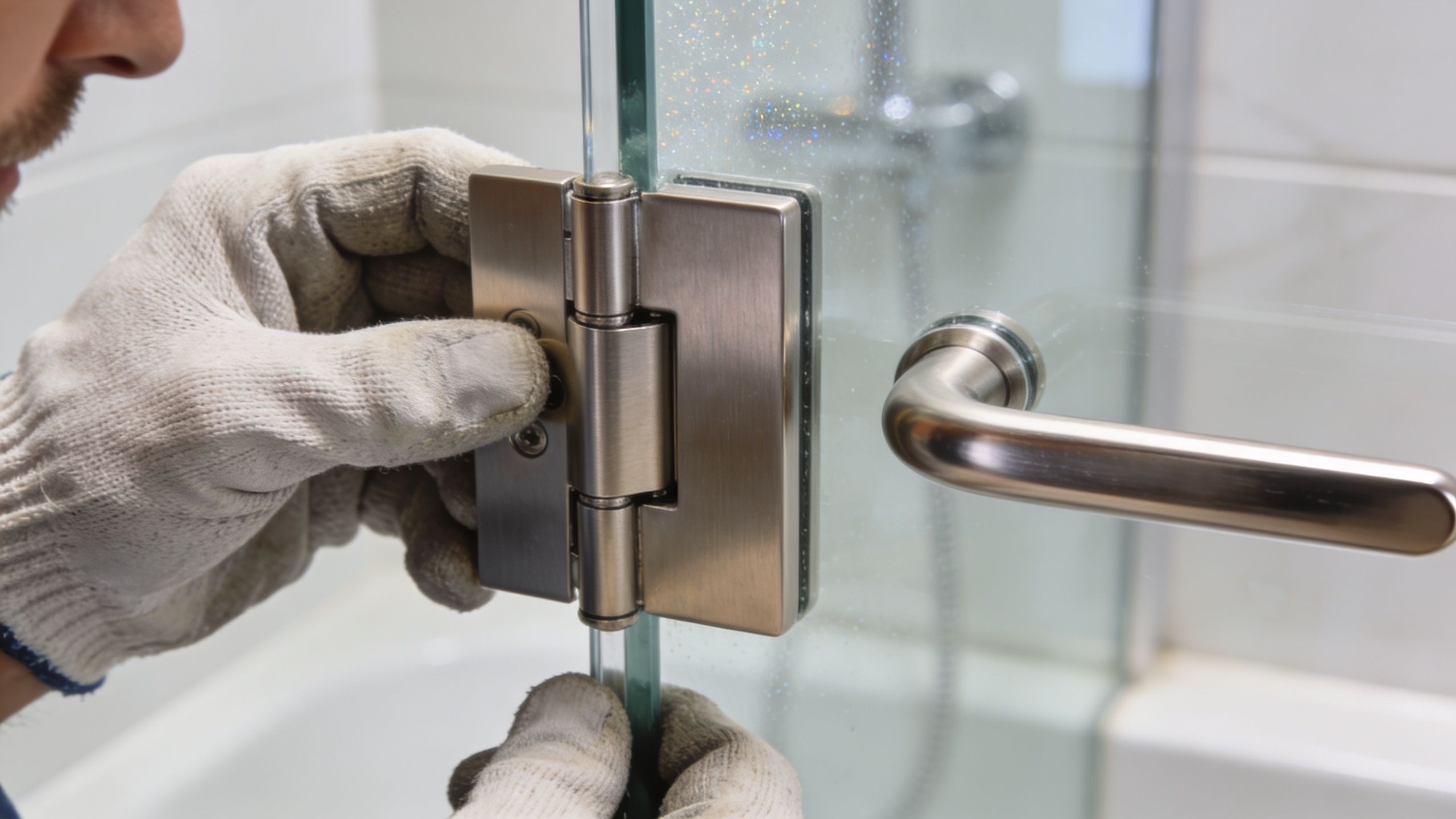 A professional technician wearing work gloves installing a stainless steel glass shower door hinge.