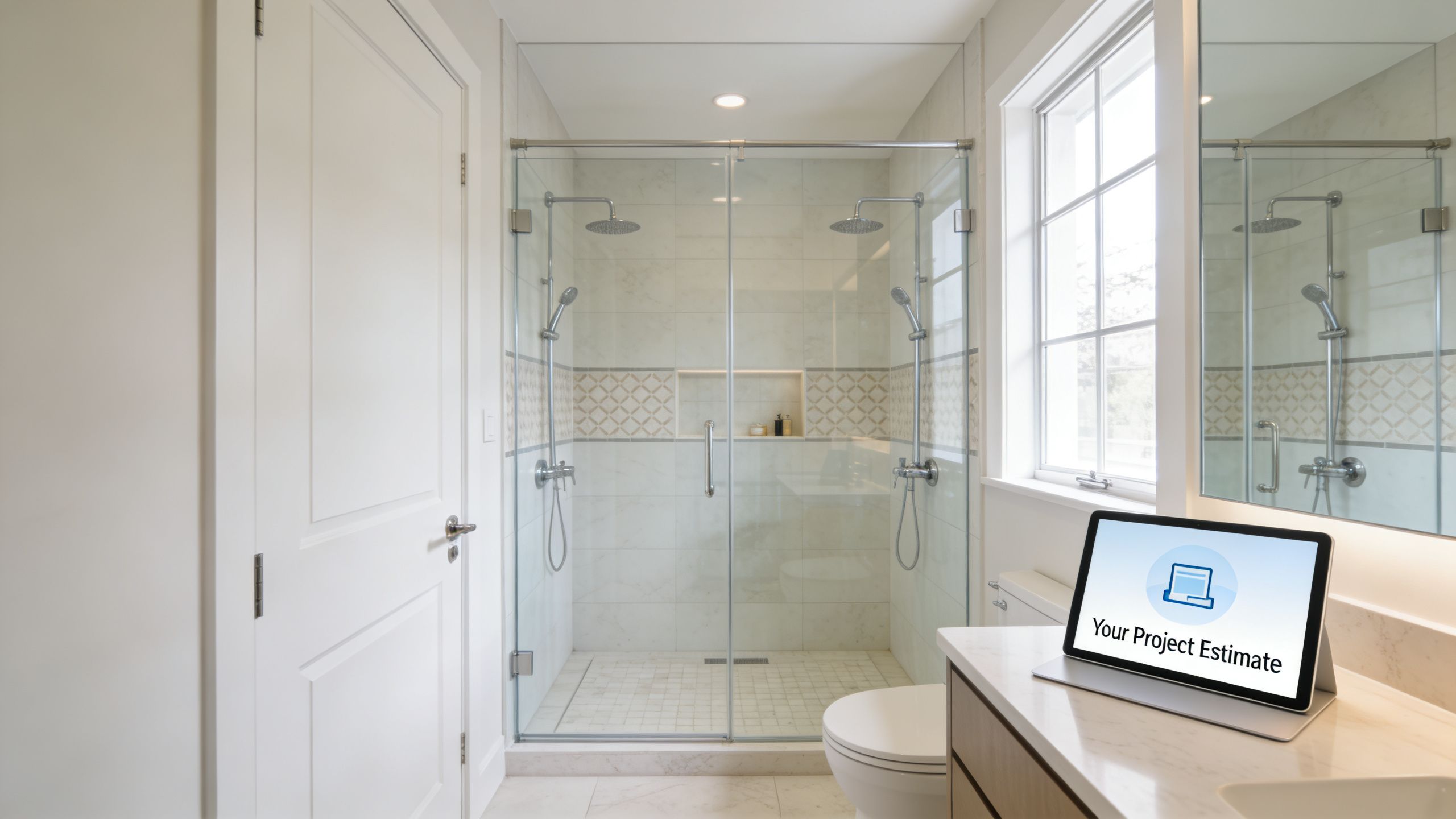 A modern, bright bathroom with a walk-in glass shower, marble tile, and a tablet displaying project estimate.