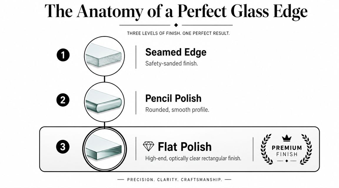 A diagram illustrating three levels of glass edge finishing: seamed, pencil polish, and flat polish.