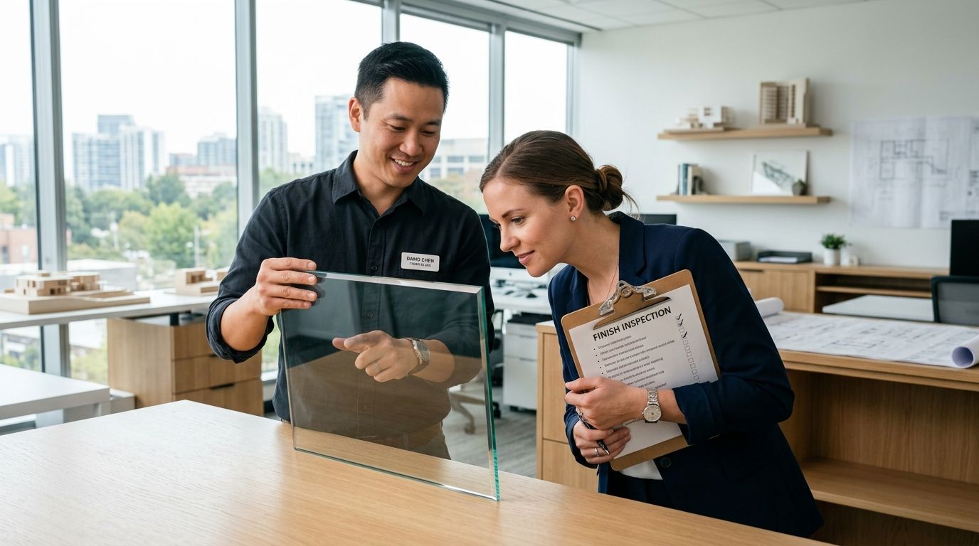 A professional man and woman examining a piece of tempered glass during an inspection in an office.