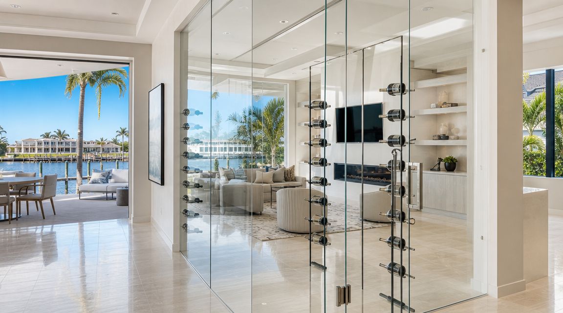 A luxurious modern living room seen through a floor-to-ceiling glass-enclosed wine wall with metal bottle racks.