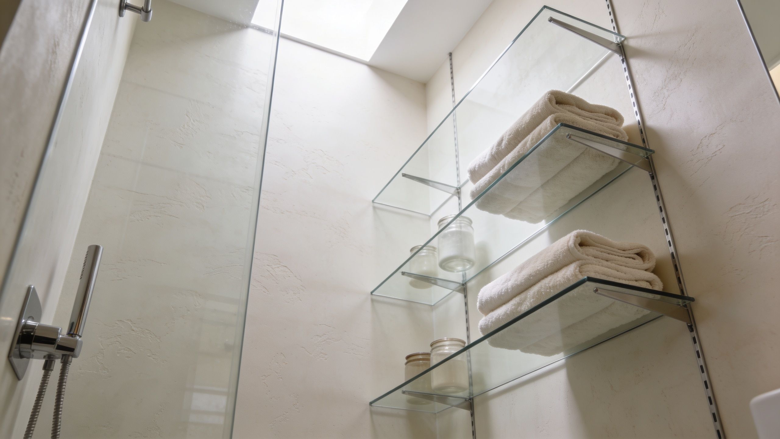 Glass shelves holding folded white towels and glass jars mounted inside a modern small bathroom shower area.