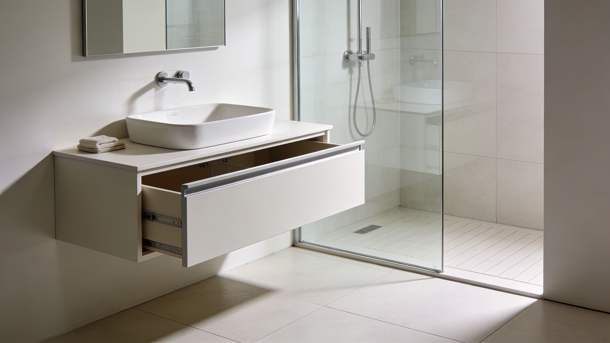 A minimalist white floating bathroom vanity with an open drawer, glass shower enclosure, and modern faucet.