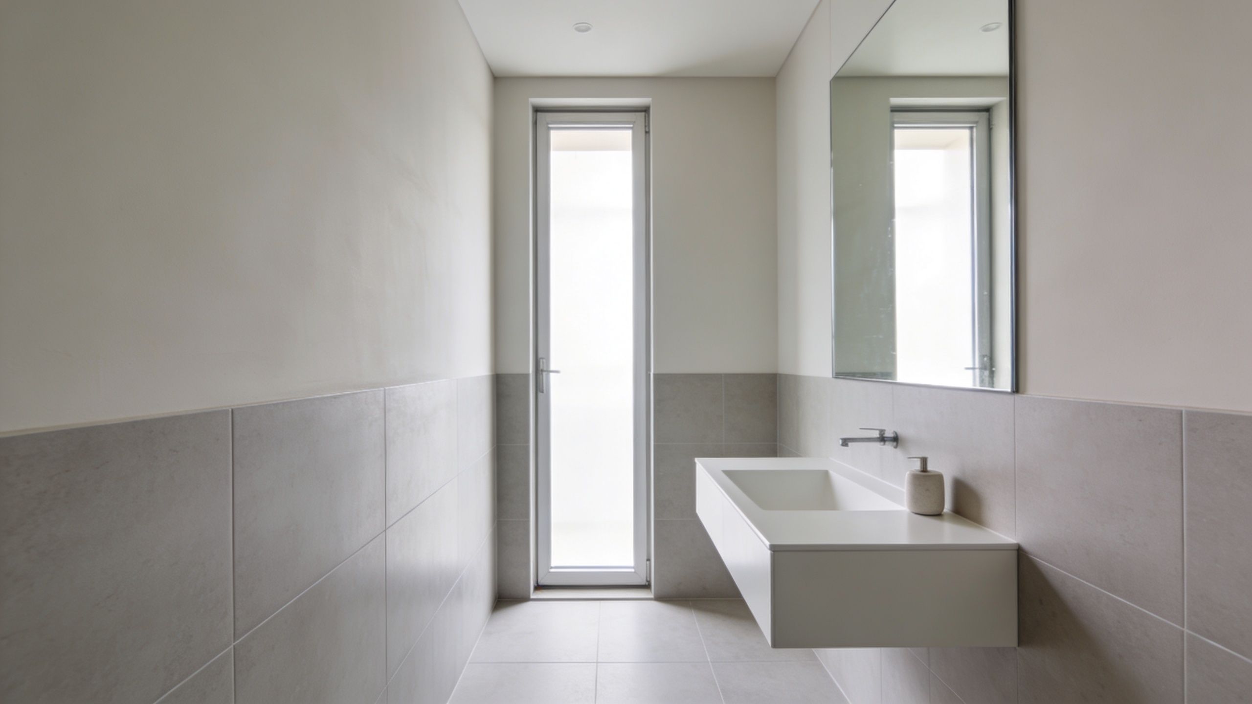 A minimalist, modern small bathroom featuring a floating white sink, light gray wall tiles, and a narrow glass door.