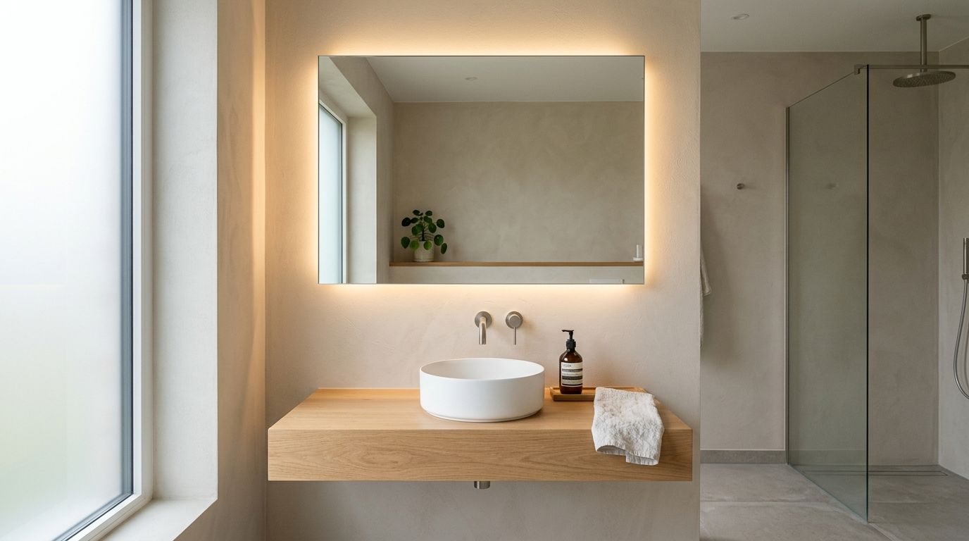 A modern bathroom vanity with a minimalist vessel sink, wooden countertop, and backlit rectangular mirror.