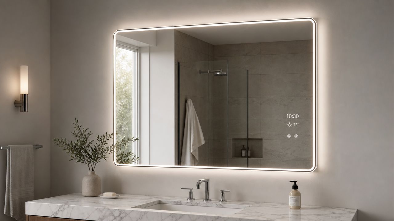 A modern, rectangular LED bathroom mirror featuring a digital clock and temperature display above a marble vanity.