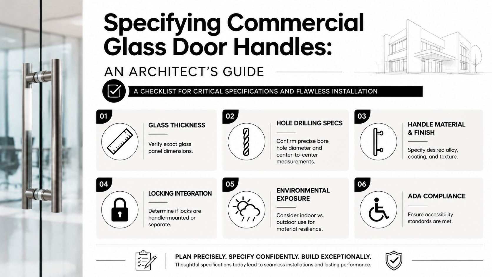 A professional infographic titled Specifying Commercial Glass Door Handles showcasing six essential steps for architectural planning.