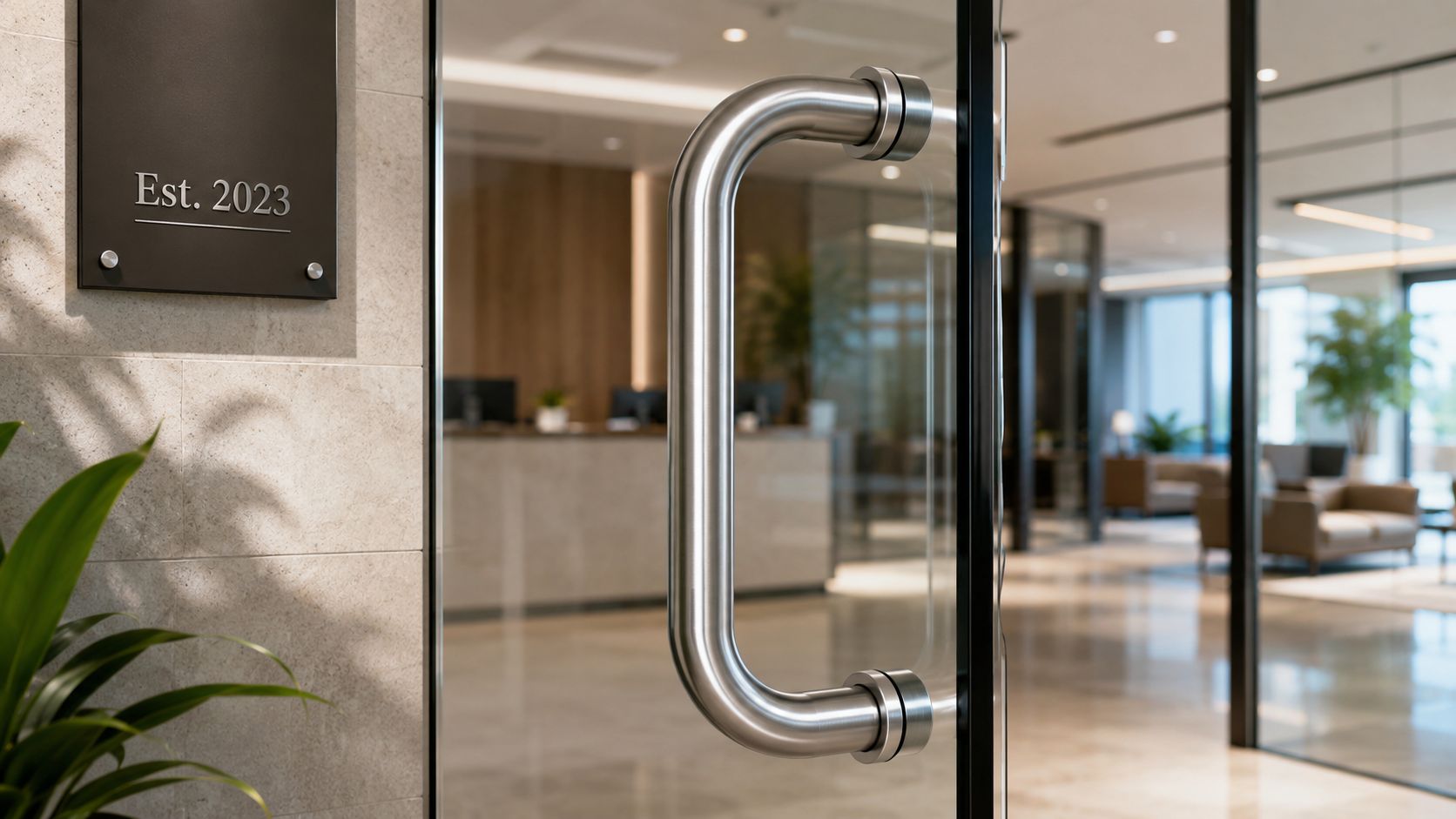 A close-up view of a sleek, modern stainless steel handle on a commercial glass entrance door.