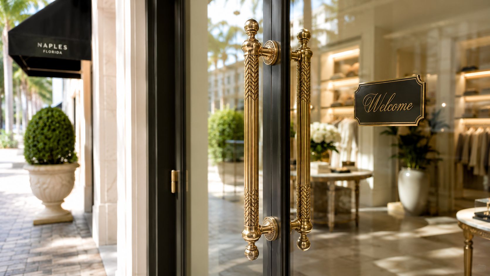 Elegant golden door handles on a glass shop door with a Welcome sign in Naples, Florida.