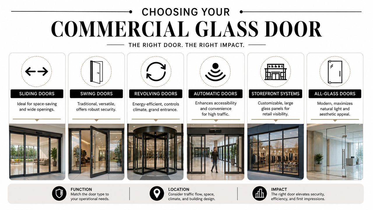 A guide for choosing the right commercial glass door types based on function, location, and impact.
