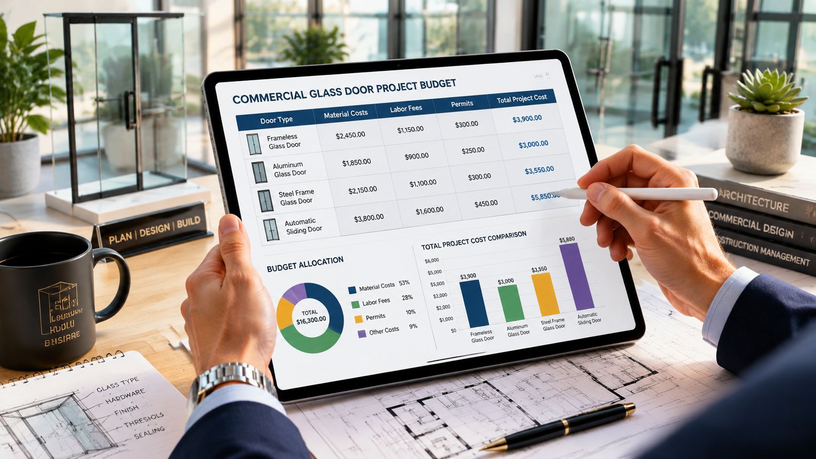 A professional reviewing a commercial glass door project budget chart on a tablet in an office setting.