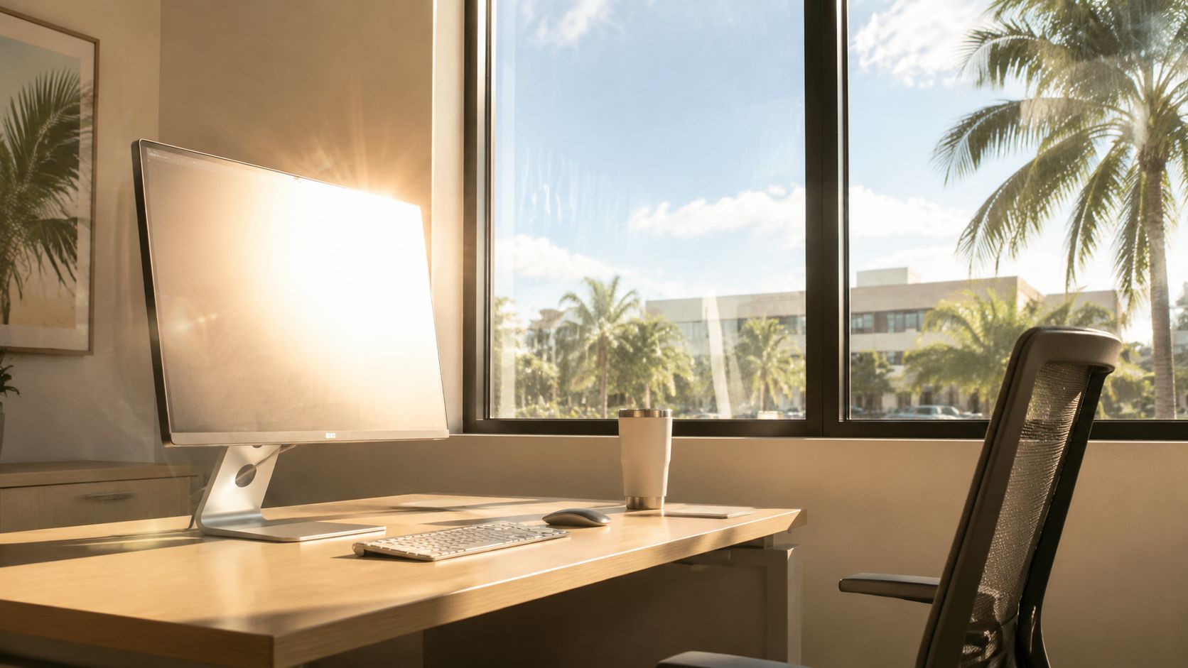 A bright modern workspace with a computer monitor overlooking a sunlit tropical view through a large window.