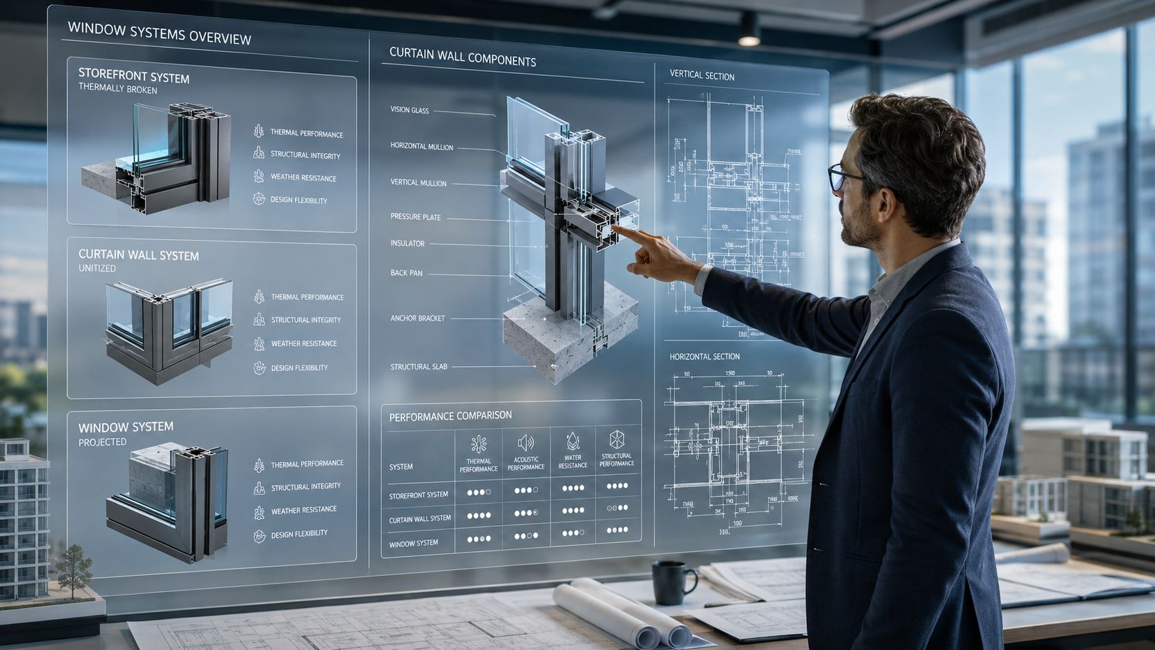 An architect interacting with a digital holographic display showcasing commercial window and curtain wall construction systems.