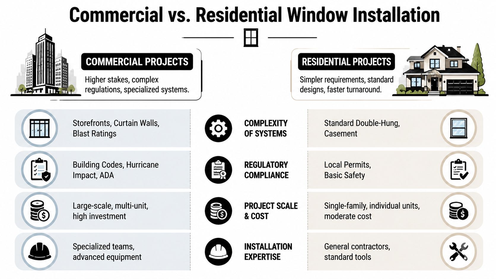 A comparison infographic showing differences between commercial and residential window installation projects, systems, and requirements.