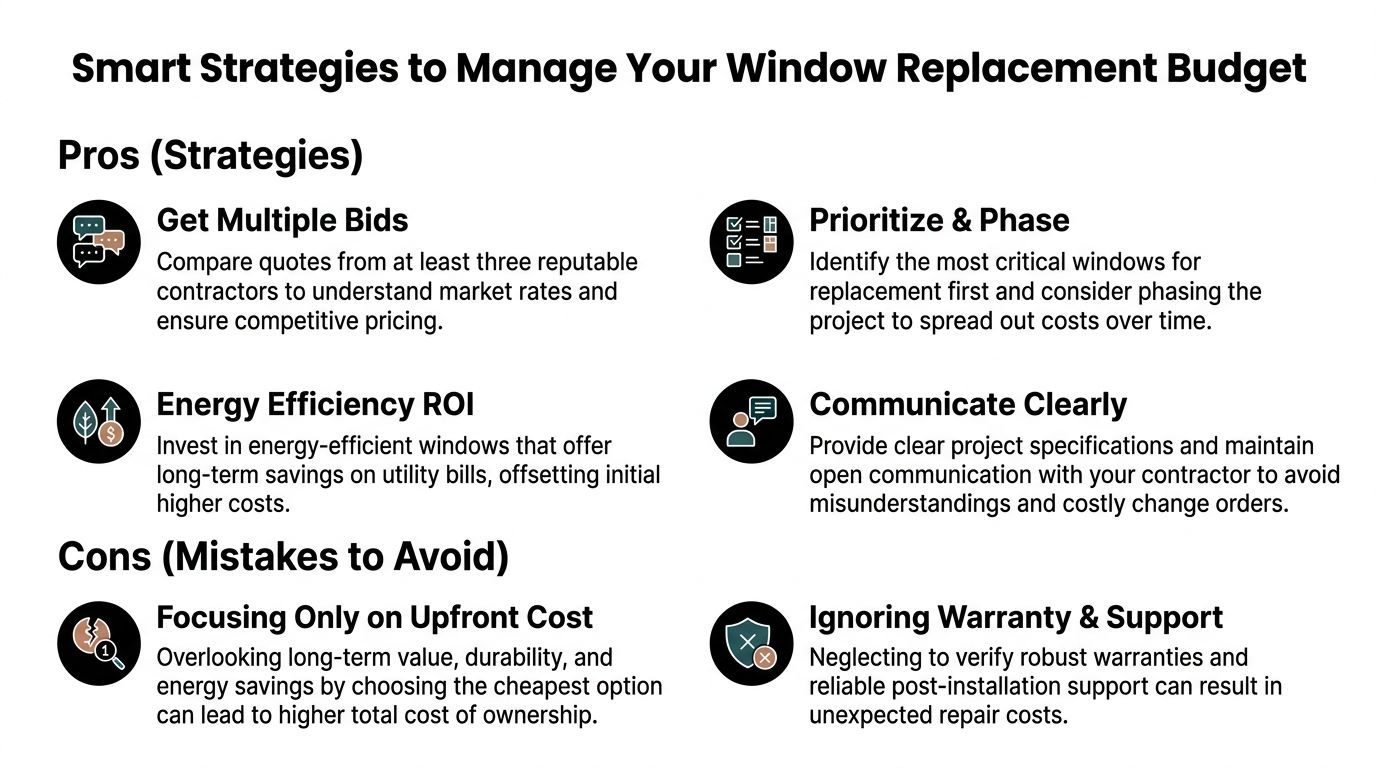 A helpful infographic showing pros and cons strategies for managing your window replacement budget effectively.