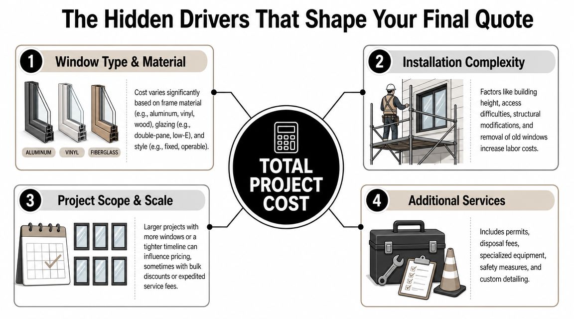 An infographic showing four key factors that influence the total cost of a commercial window replacement project.