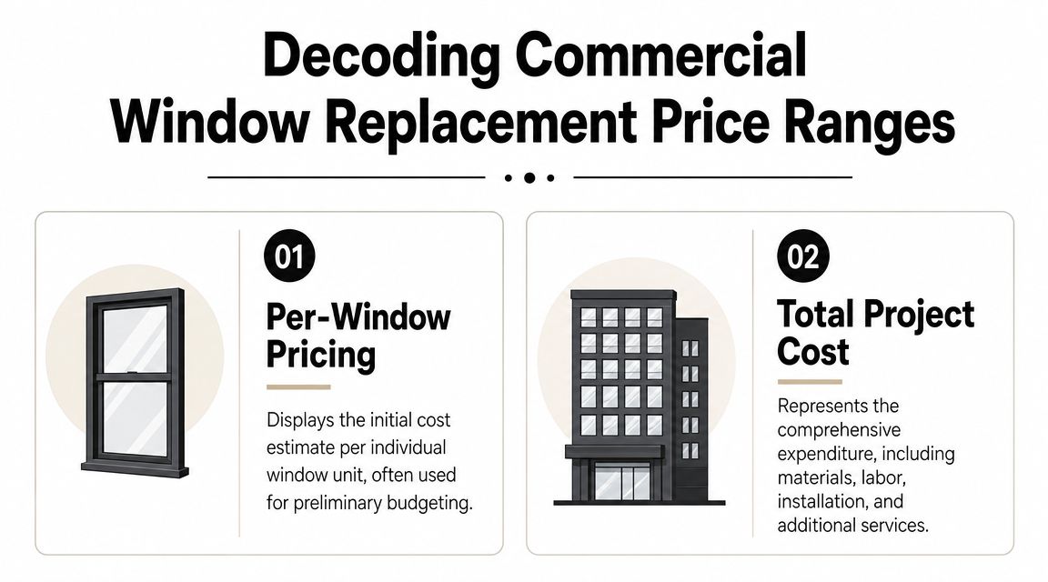 A graphic explaining the difference between per-window pricing and total project cost for commercial window replacement.