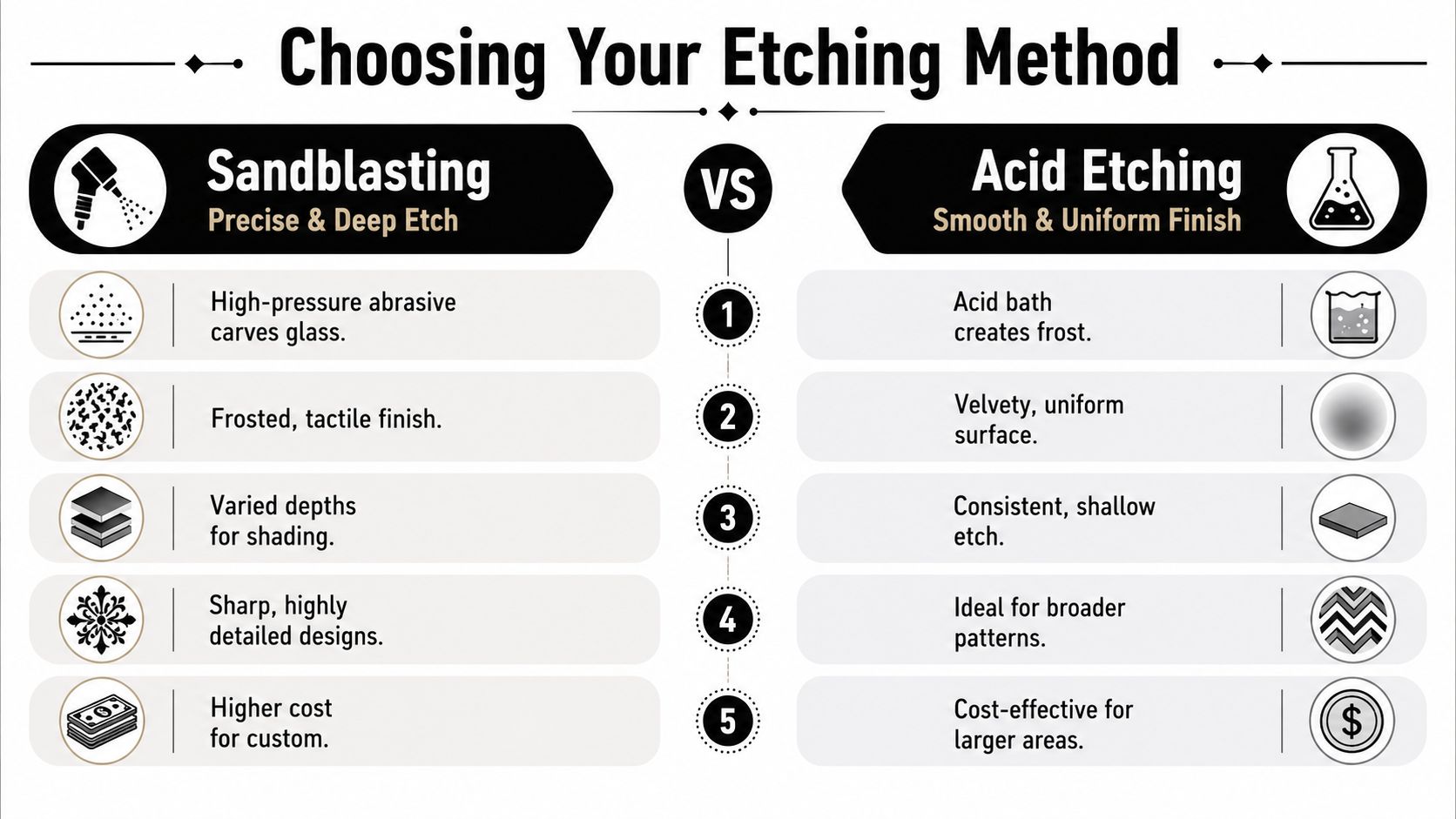 A comparison chart highlighting the key differences between sandblasting and acid etching techniques for glass customization.