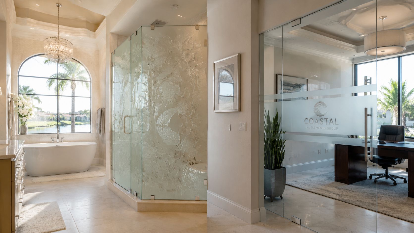 A luxurious home interior featuring a freestanding bathtub and an office with custom etched glass panels.