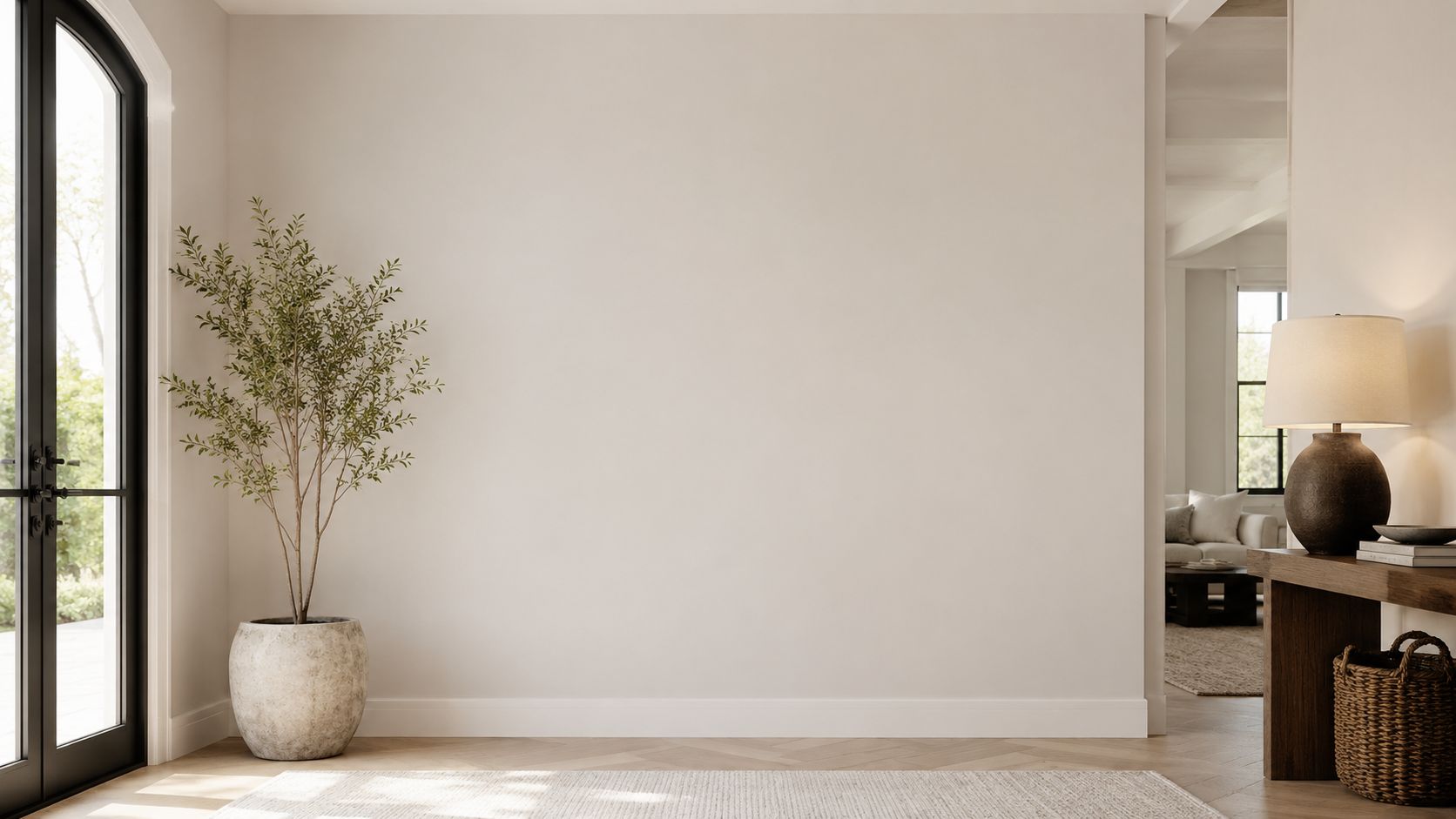A minimalist entryway with a white wall, an olive tree, and a wooden console table.
