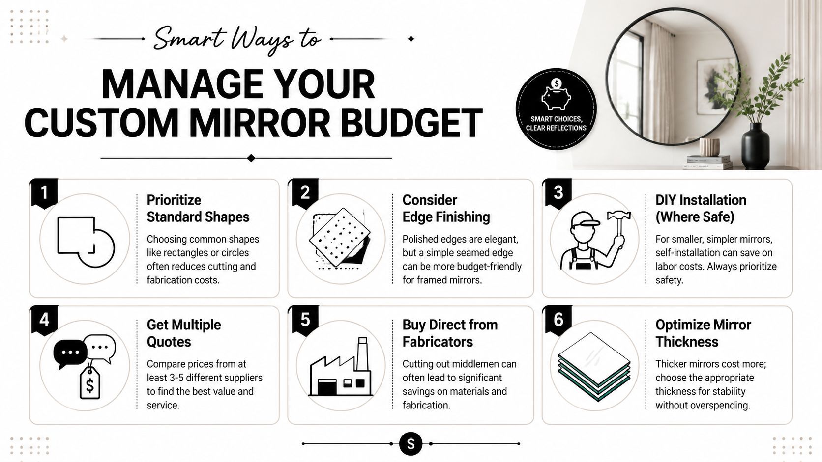 An infographic titled Smart Ways to Manage Your Custom Mirror Budget featuring six money-saving tips for shoppers.