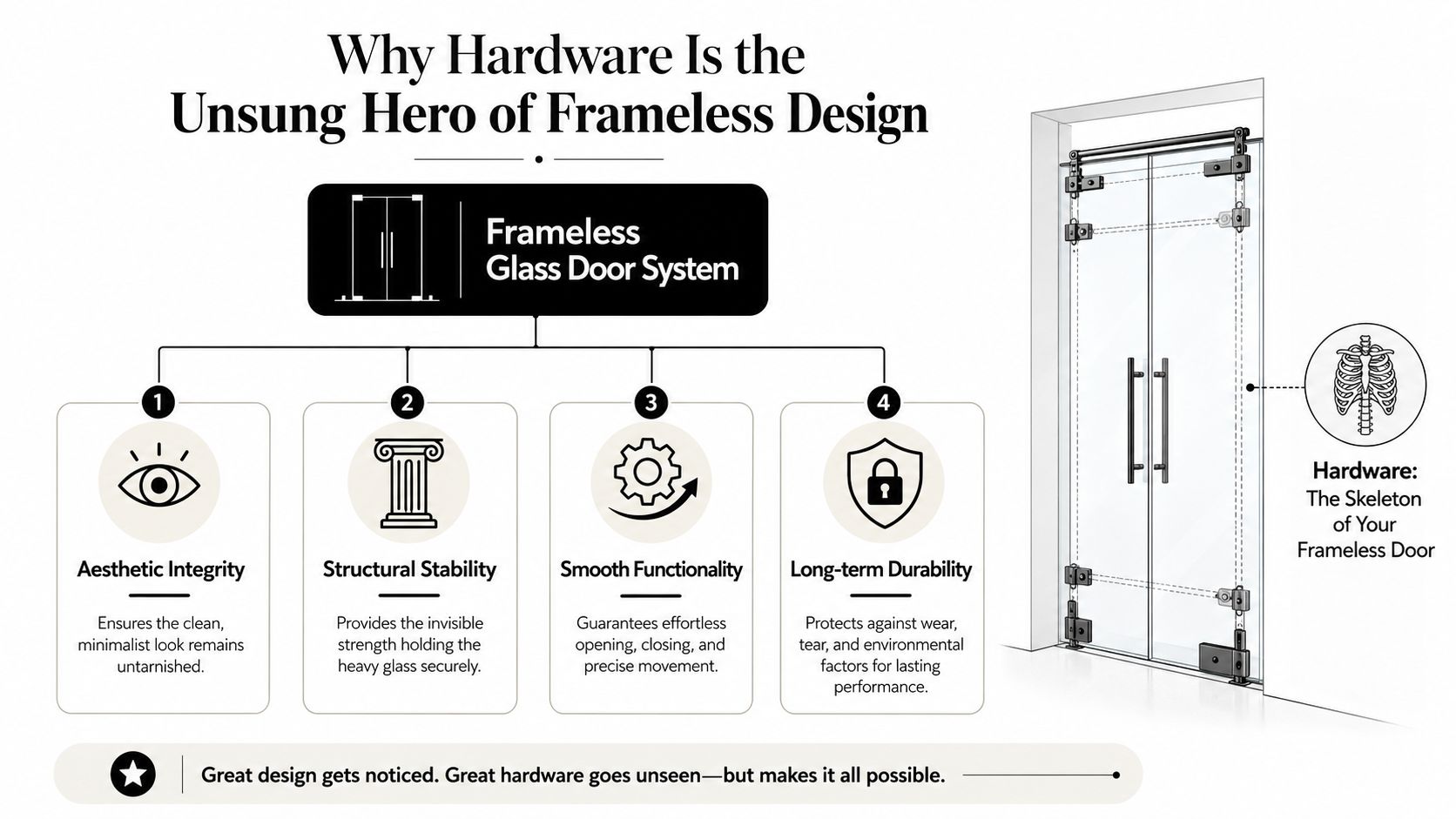 An infographic explaining the importance of hardware in maintaining the structural integrity and functionality of frameless glass doors.