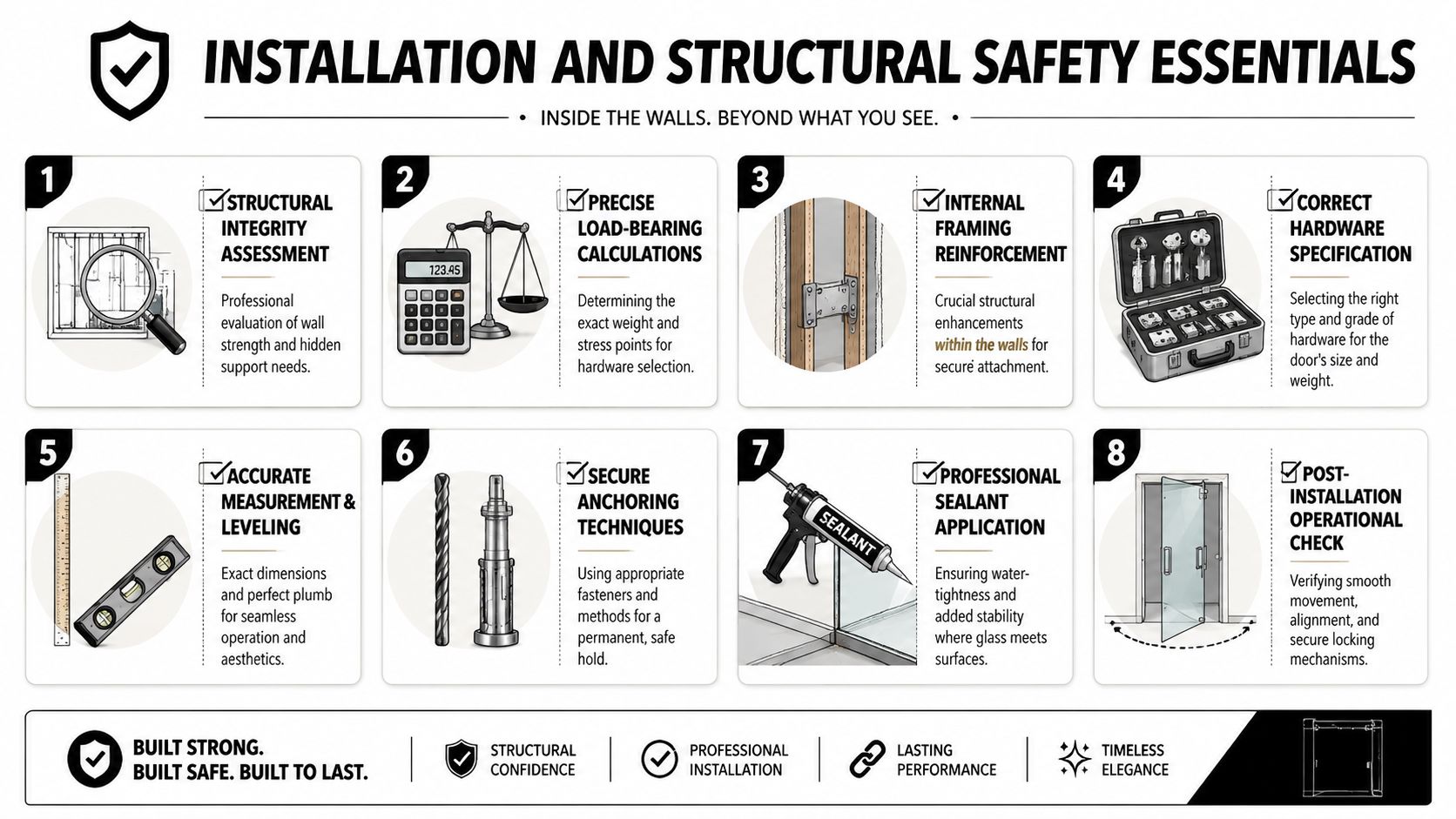 An infographic showing eight essential steps for the professional installation of frameless glass door hardware systems.