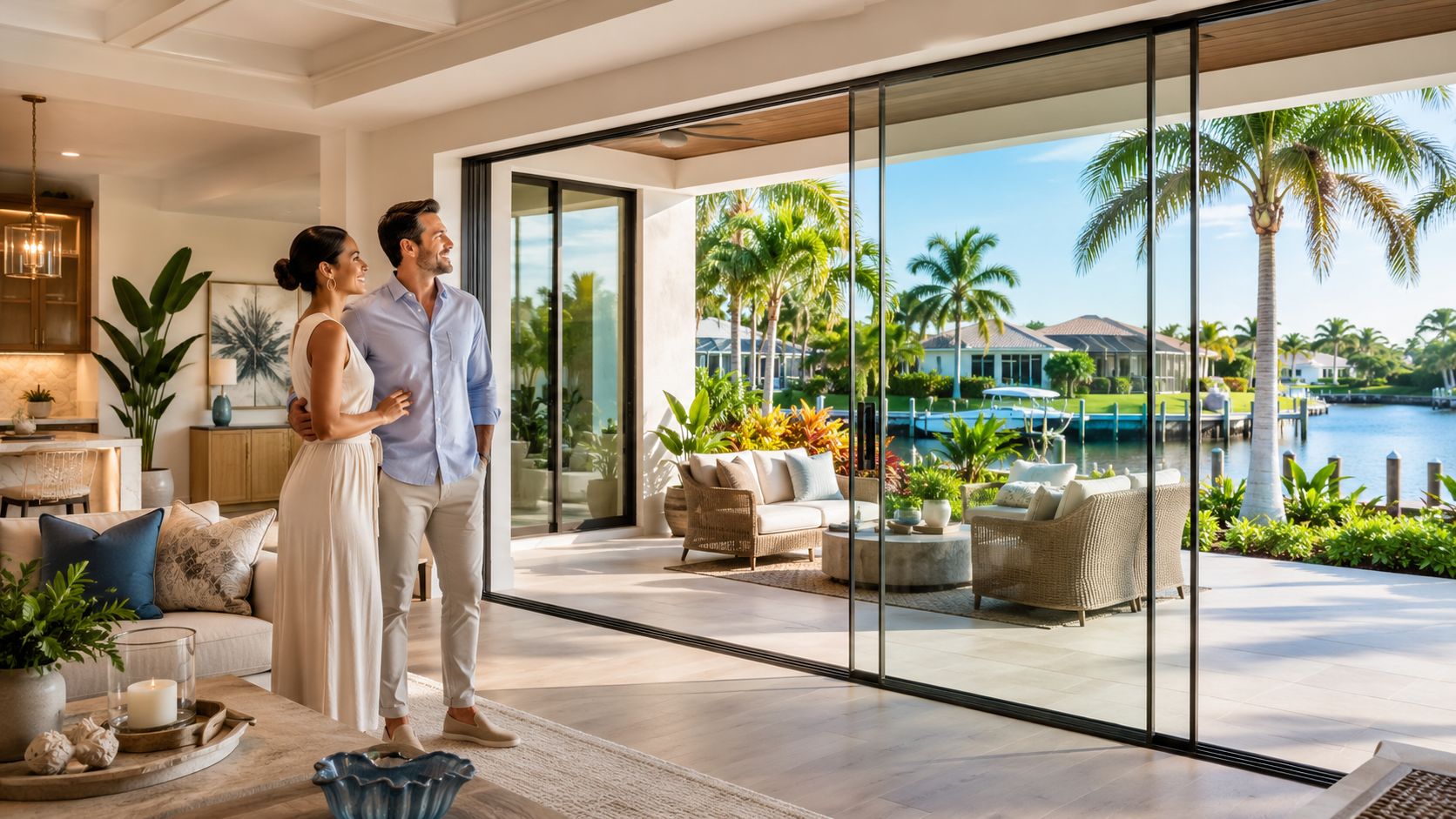 A happy couple standing in a modern living room looking out through a large frameless sliding glass door.