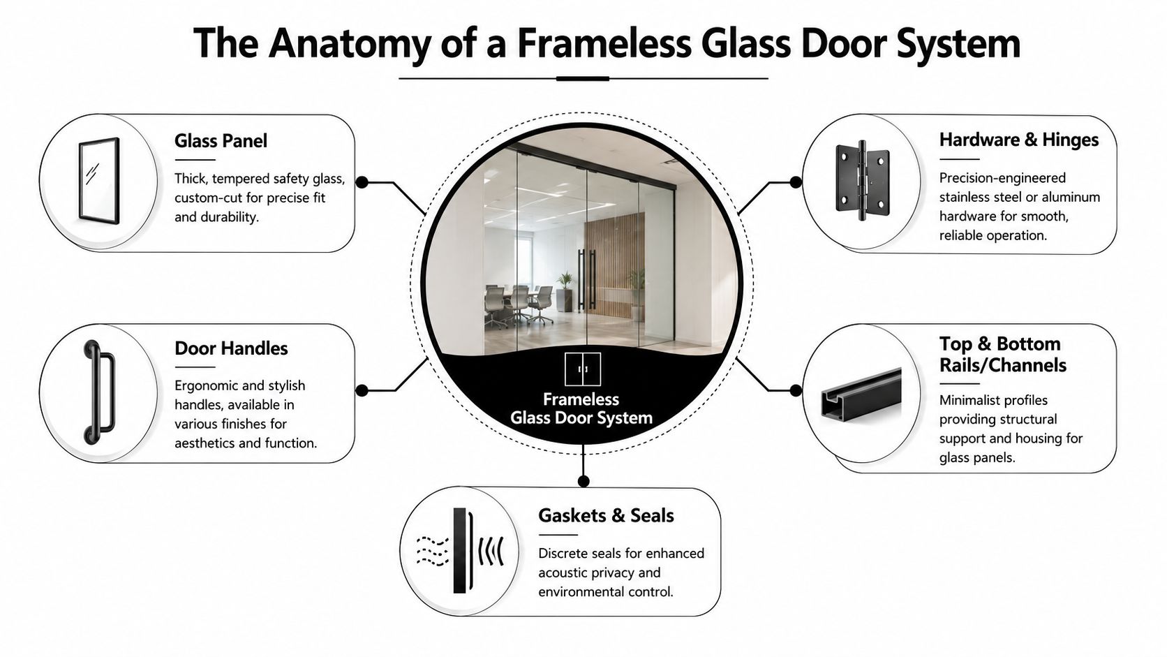 A diagram illustrating the anatomy of a frameless glass door system including glass panels and hardware.