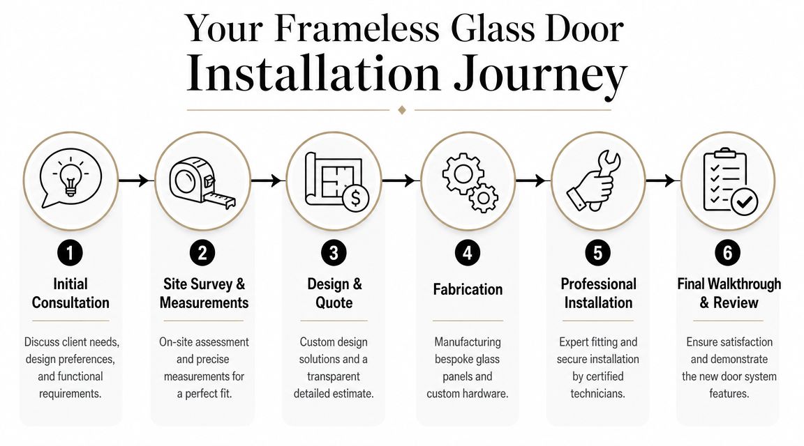A six-step infographic illustrating the professional frameless glass door installation journey from consultation to final review.